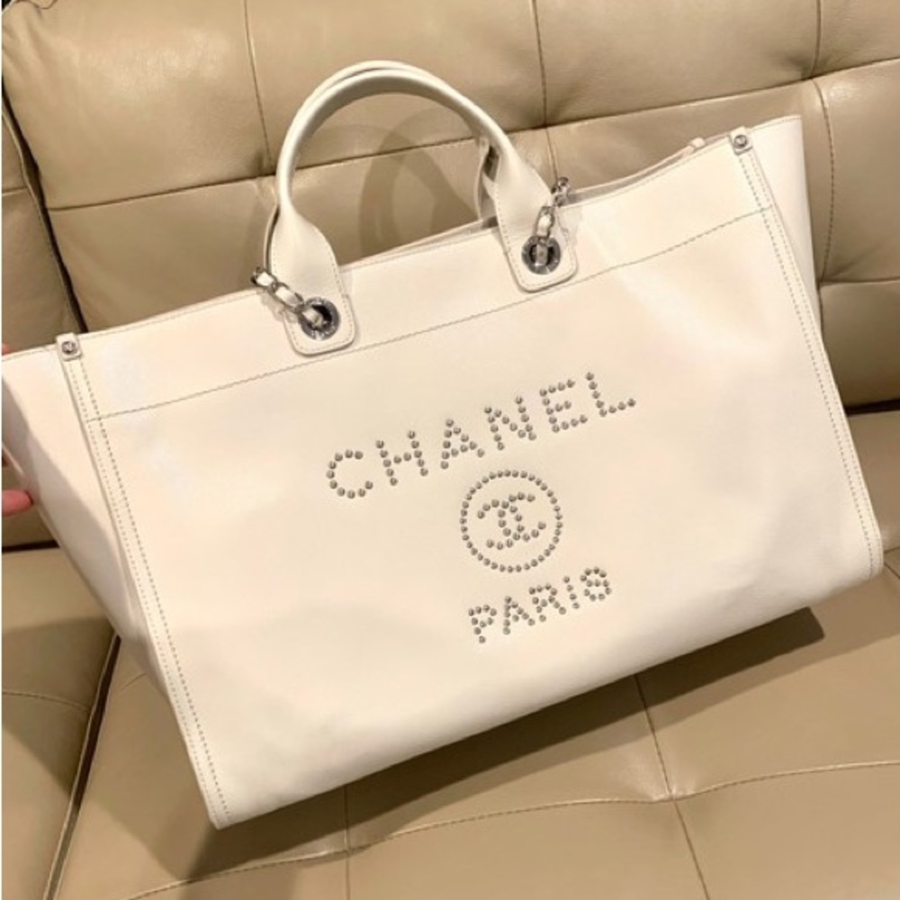 Chanel Extra Large Ivory Calfskin Leather Deauville Tote With Studded Logo